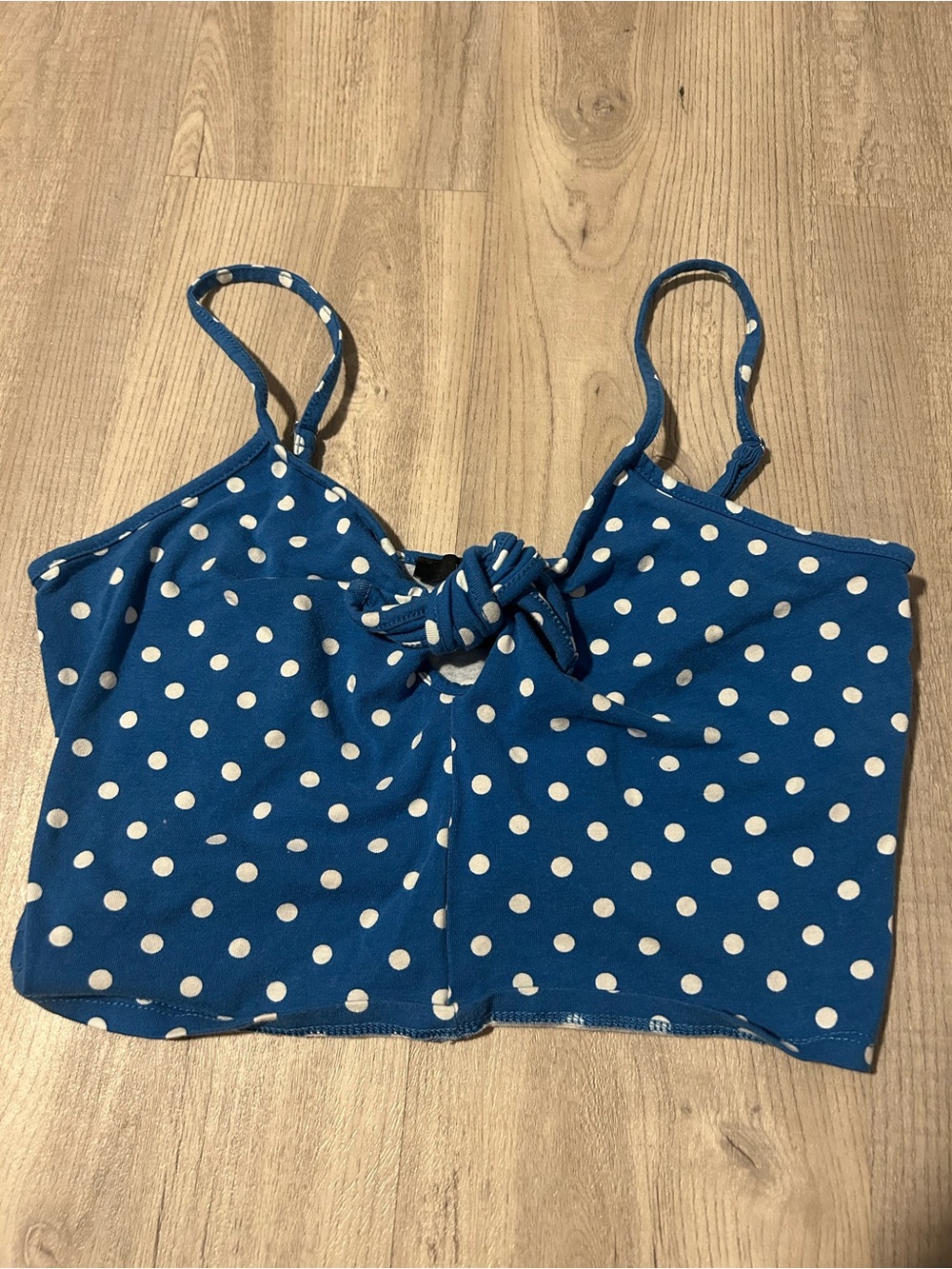 Forever 21 Blue and White Polka Dot Tie-Front Crop Top